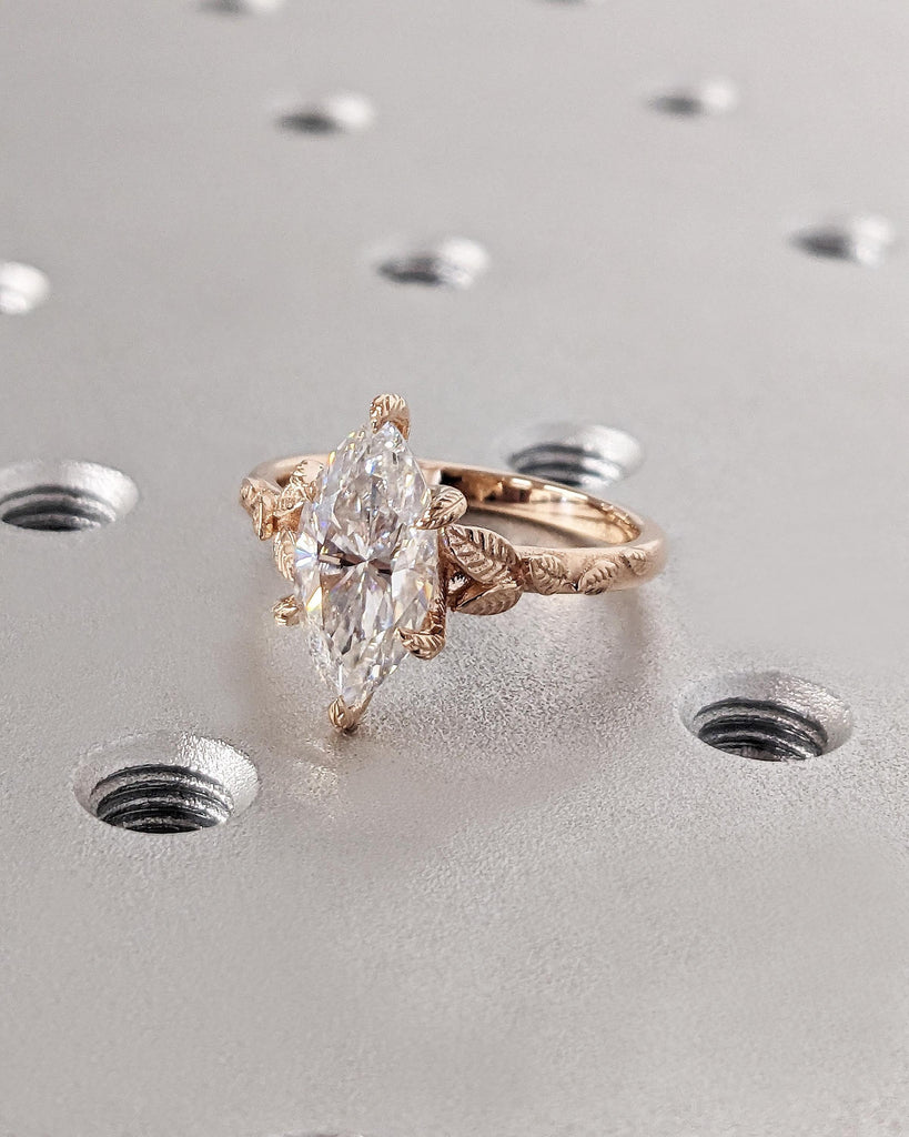 Marquise Cut Nature Engagement Ring, Marquise Moissanite Ring, Solitaire Marquise Engagement Ring, Dainty Leaf Ring, Rose Gold Promise Ring
