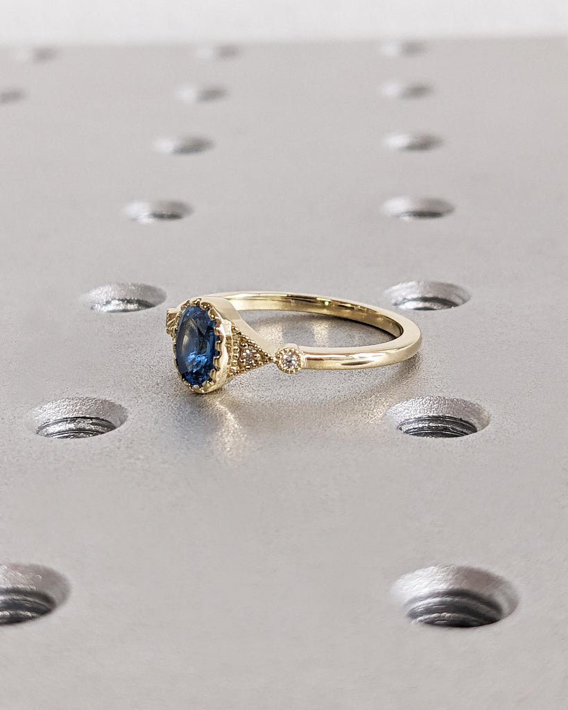 Solid Gold 14K Small Oval Blue Statement Ring, Diamond and Lab Sapphire Bezel Ring, Delicate Promise Ring, Women Dainty Ring Custom Handmade