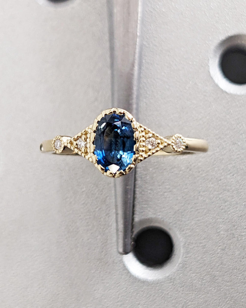 Vintage Blue Sapphire Ring / 14K Yellow Gold Milgrain Art Deco Ring / Antique Sapphire Engagement Ring / Oval Cut Lab Sapphire Promise Ring