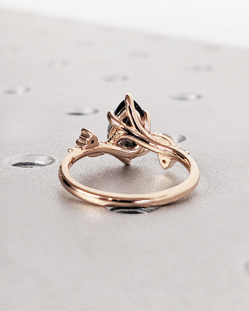 Nature Leaf Twig Pear Cut Ring, Salt and Pepper Diamond Engagement Ring, Nature Engagement Ring, Leaf Shape Marquise Diamonds, 14K Rose Gold