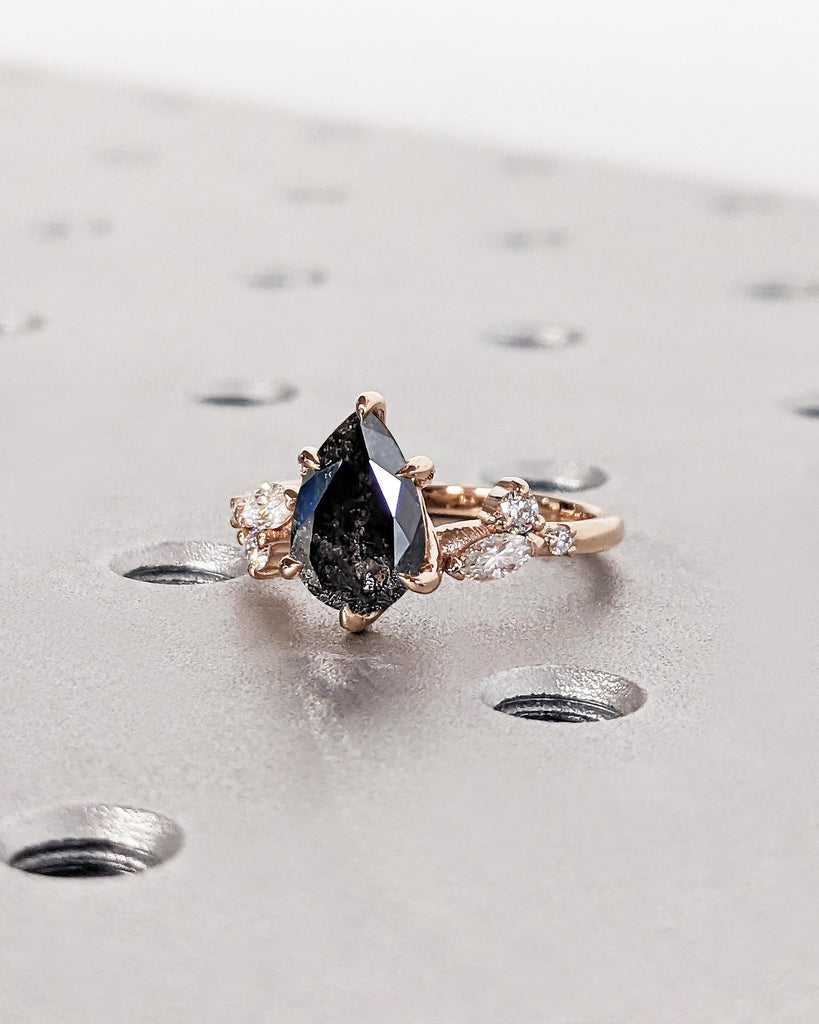 Salt and Pepper Diamond Ring, Dainty 14k Rose Gold Promise Ring, Art Deco Leaf Shape Marquise Pear Diamond Moissanite Ring, Unique Leaf Ring