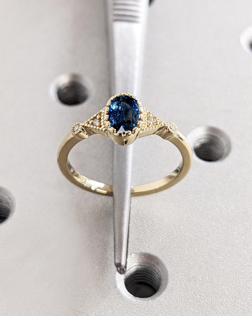 Solid Gold 14K Small Oval Blue Statement Ring, Diamond and Lab Sapphire Bezel Ring, Delicate Promise Ring, Women Dainty Ring Custom Handmade