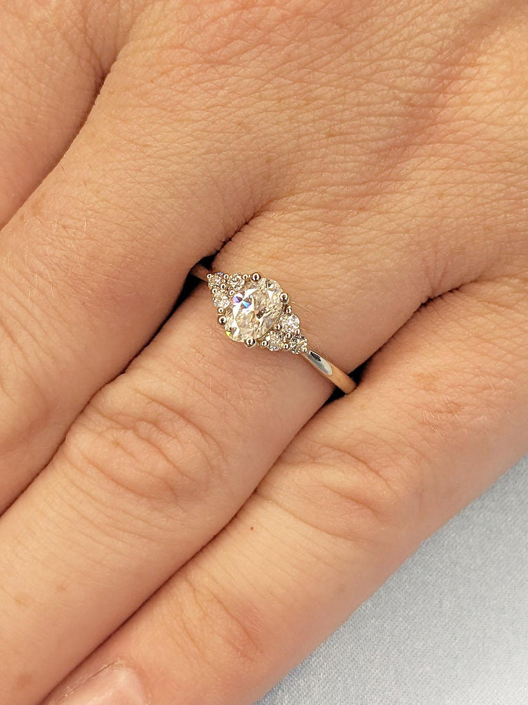 Oval cut Moissanite Engagement Rings for Women | Vintage Ring | Unique Lab Diamond Cluster White Gold Promise Ring, Oval Diamond Bridal ring