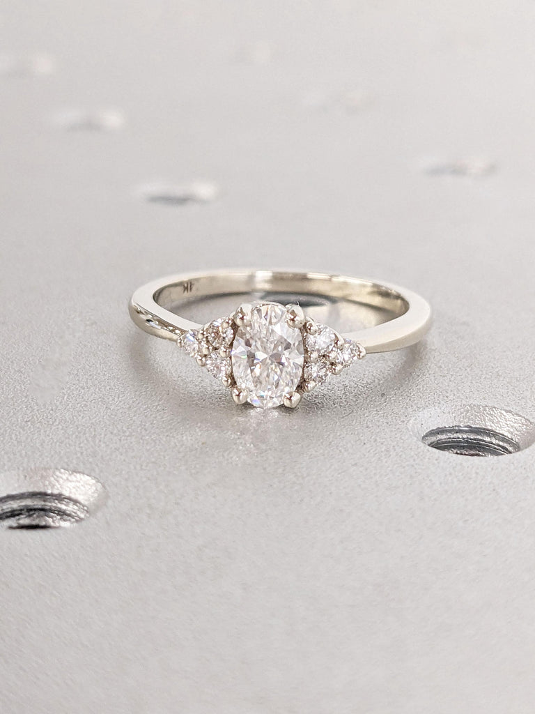 Oval cut Moissanite Engagement Rings for Women | Vintage Ring | Unique Lab Diamond Cluster White Gold Promise Ring, Oval Diamond Bridal ring