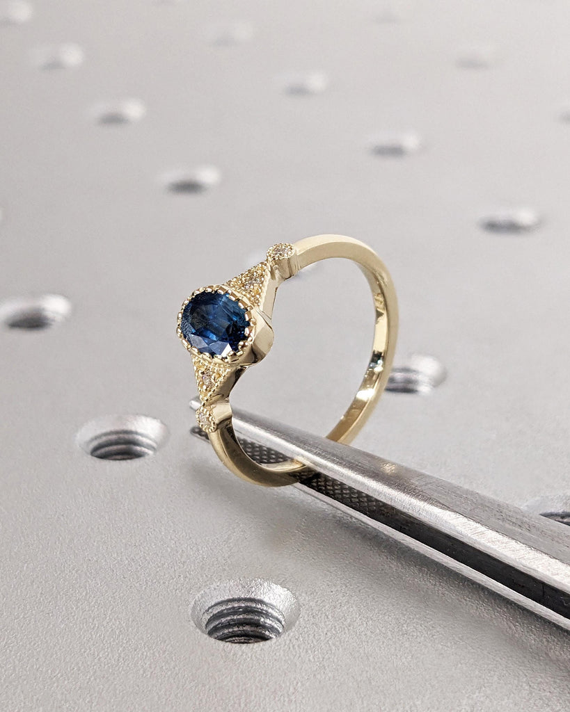 Solid Gold 14K Small Oval Blue Statement Ring, Diamond and Lab Sapphire Bezel Ring, Delicate Promise Ring, Women Dainty Ring Custom Handmade