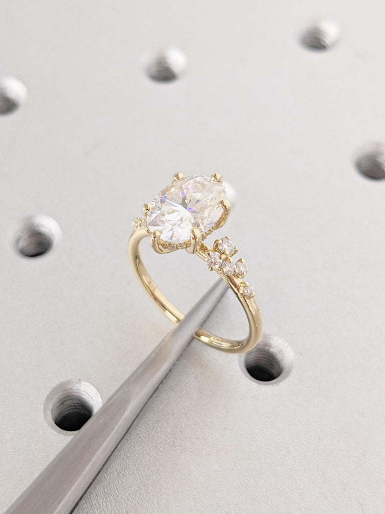 2ct Oval cut VVS Lab Created Diamond Engagement Ring | 18k Yellow Gold Snowdrift Diamond Ring | Hidden Halo Promise Ring