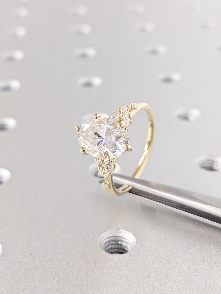 Oval Lab Grown Diamond 18K Yellow Gold Hidden Halo Engagement Ring | Unique Snowdrift 6 Prong Diamond Cluster Promise Ring |  Wedding Ring for Her