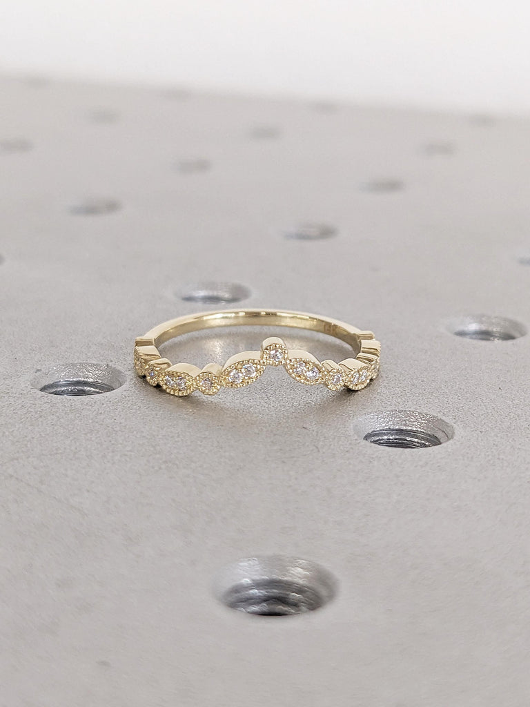 14k Gold Curved Matching Ring, Moissanite and Diamond Wedding Band, Milgrain Stacking Ring, Art Deco Promise Ring, Anniversary Gift For Her