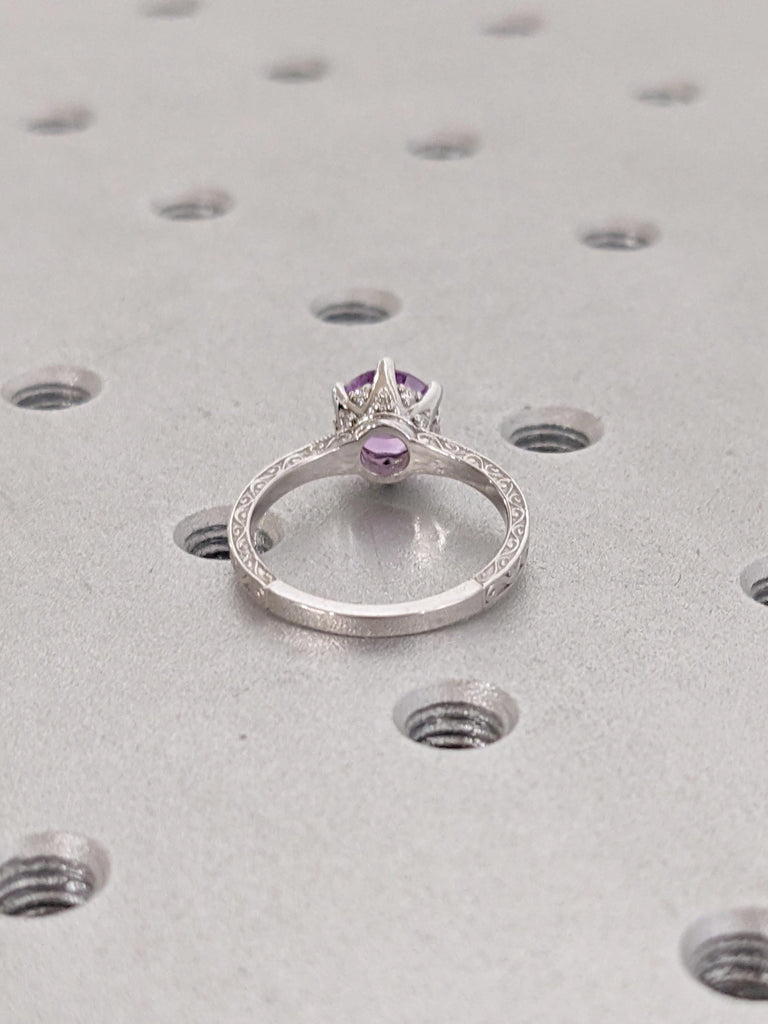 Lab Alexandrite Engagement Ring, Art Deco 14k White Gold Ring, Hidden Halo Ring, Solitaire Wedding Ring, Dainty Filigree Ring, Bridal Gift