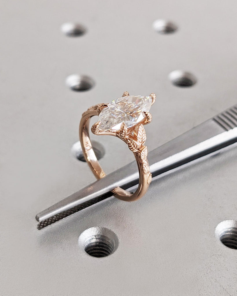 Marquise Cut Nature Engagement Ring, Marquise Moissanite Ring, Solitaire Marquise Engagement Ring, Dainty Leaf Ring, Rose Gold Promise Ring