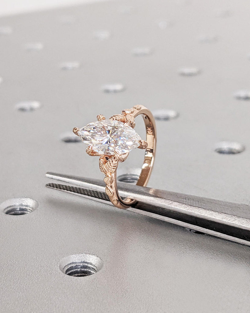 Marquise Cut Nature Engagement Ring, Marquise Moissanite Ring, Solitaire Marquise Engagement Ring, Dainty Leaf Ring, Rose Gold Promise Ring