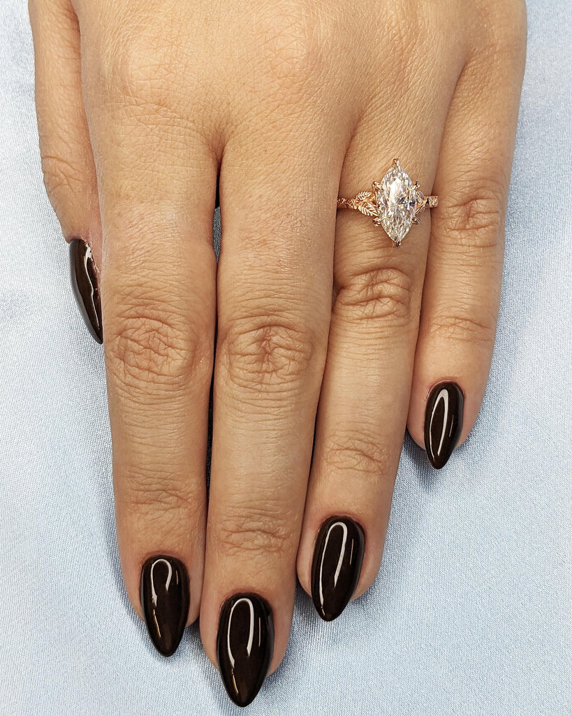 Marquise Cut Nature Engagement Ring, Marquise Moissanite Ring, Solitaire Marquise Engagement Ring, Dainty Leaf Ring, Rose Gold Promise Ring