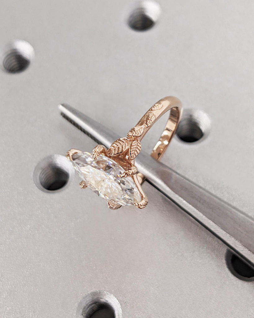 Marquise Cut Nature Engagement Ring, Marquise Moissanite Ring, Solitaire Marquise Engagement Ring, Dainty Leaf Ring, Rose Gold Promise Ring