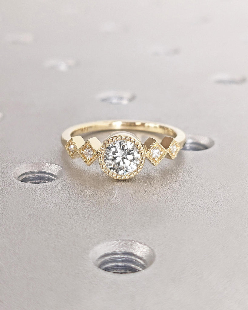 Vintage Wedding Ring - 5MM Round Lab Grown Diamond Ring - Five Stone Bezel Set Ring - 14K Yellow Gold - Alternative Engagement Ring for Wife