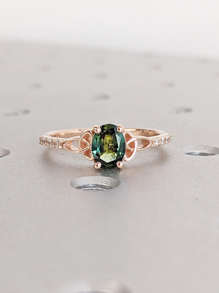 Oval cut Natural Blue Green Sapphire Celtic Ring | Solid Rose Gold Engagement Ring | Irish Knot Promise Ring | Wedding Anniversary Gift