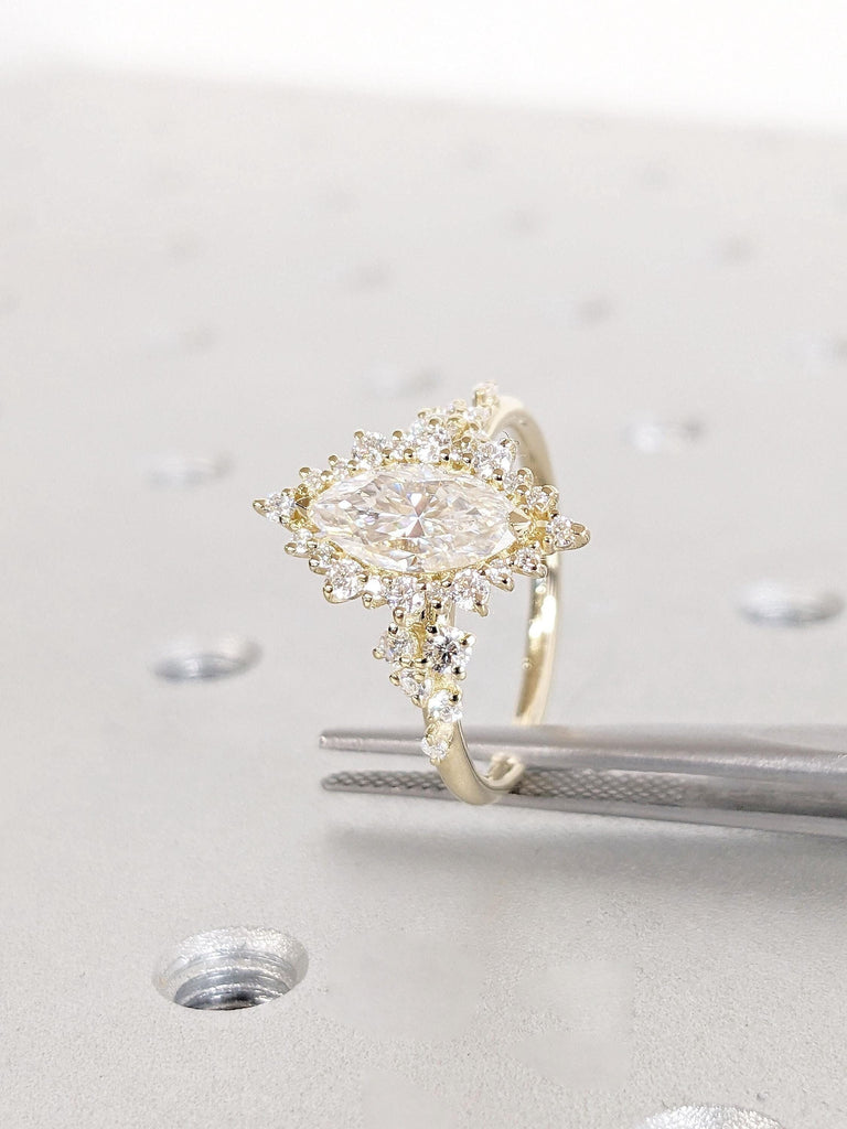 Navette Marquise Cluster Ring 14K Gold Platinum, Navette Ring, Marquise Ring, Moissanite Engagement Ring, Cluster Cocktail Ring, Art Nouveau