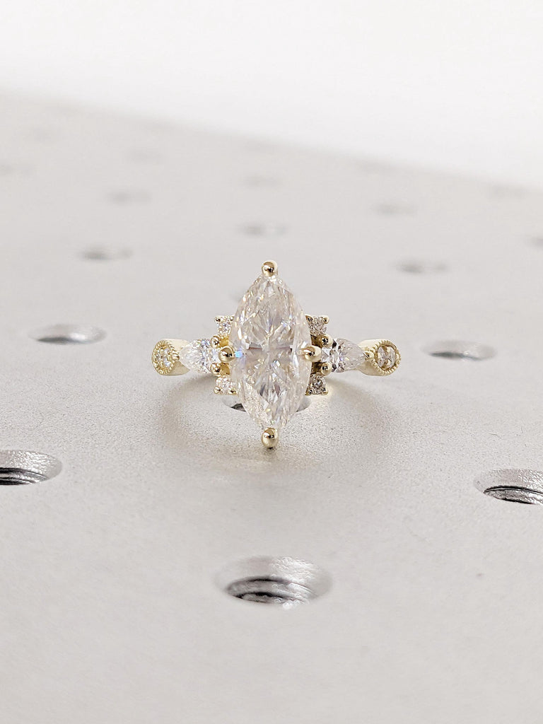 Marquise Moissanite Engagement Ring / Unique Marquise Ring / Yellow Gold Wedding Ring / Marquise Moissanite Vintage Style Promise Ring Women