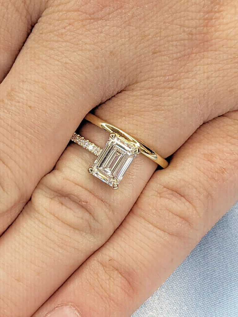 1.5ct Lab Created Diamond Engagement Ring | Unique Solid White and Yellow Gold Rings for Women | Half Moissanite Eternity Band Half Plain Gold Band