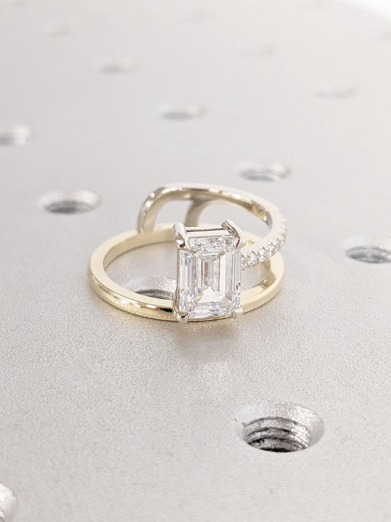 14k Gold Emerald Cut Lab Created Diamond Engagement Ring | 2 Tone Art Deco Ring | Women Solitaire Ring | Handmade Floating Diamond Ring