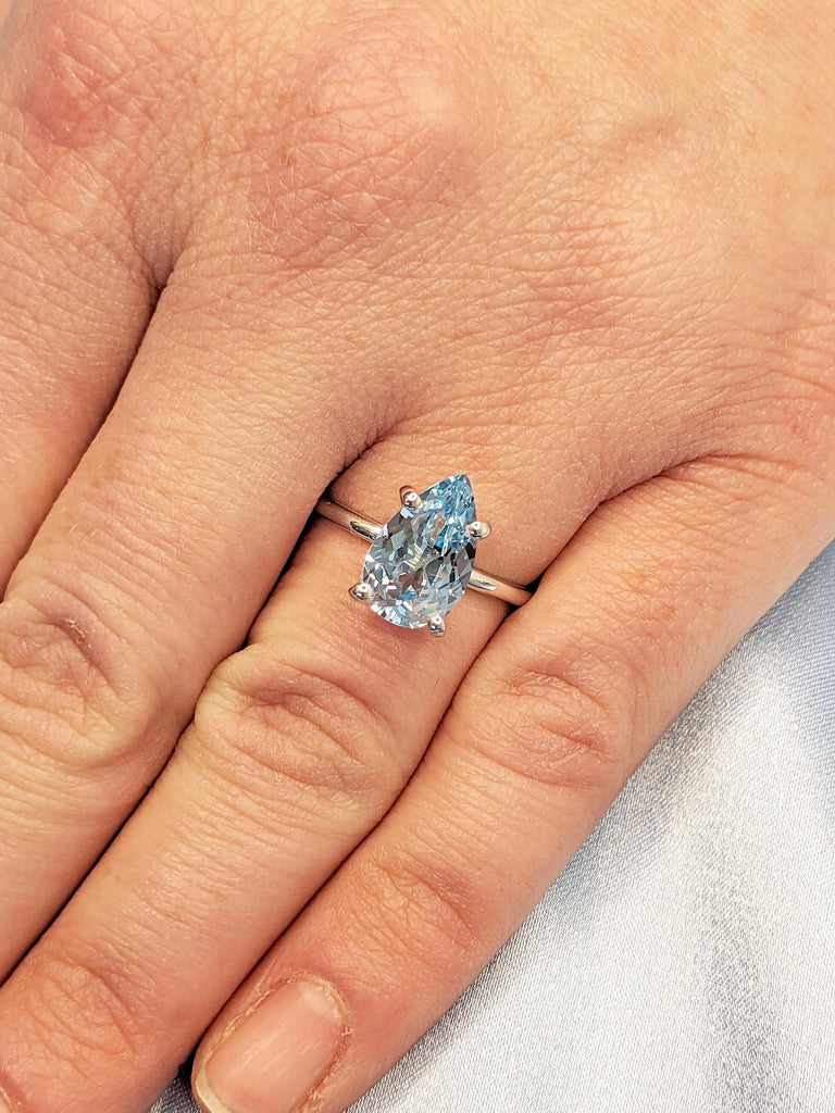 Lab Aquamarine Engagement Ring, 14k White Gold Promise Rings for Women, Solitaire Proposal Ring, Blue Aquamarine Ring, Gift for Girlfriend