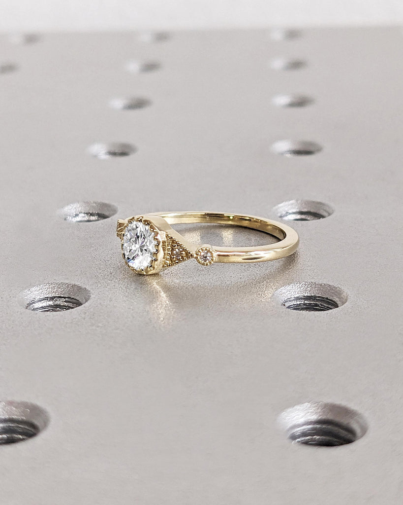 Solid Gold 14K Small Round Statement Ring, Lab Created Diamond Ring, Delicate Promise Ring, Women Dainty Ring Bezel Set Custom Handmade Ring