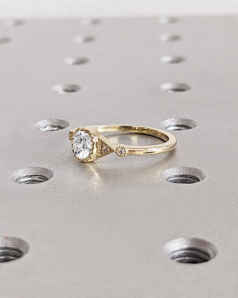 Vintage Round Lab Grown Diamond Ring / Milgrain Art Deco Ring / Antique Engagement Ring in 14K Yellow Gold / Unique Bridal Promise Ring Wife