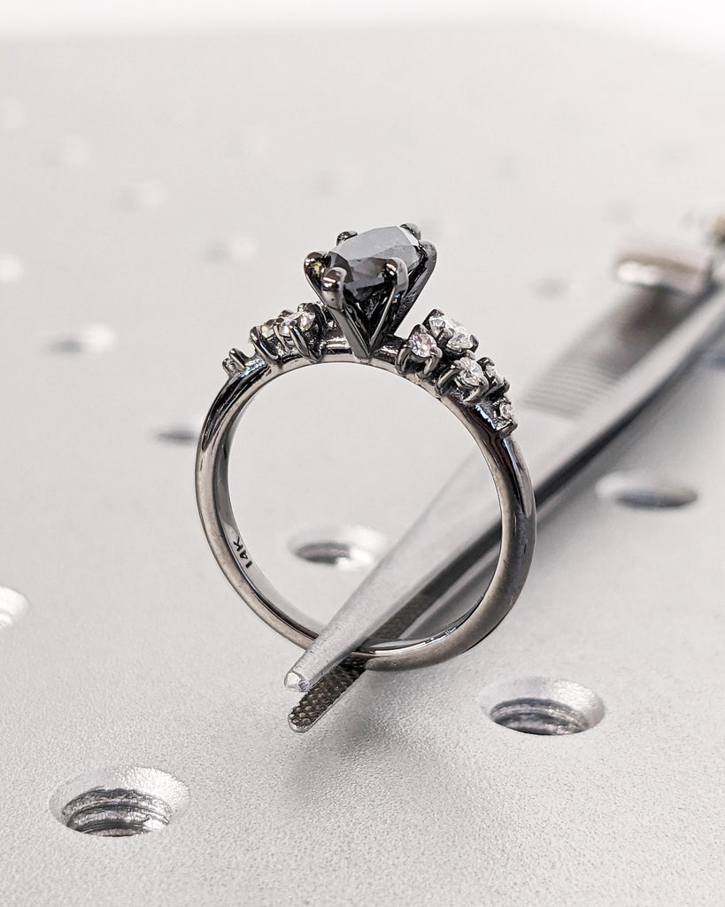 Marquise Salt and Pepper Diamond 14K Black Gold Engagement Ring | Unique Snowdrift 6 Prong Diamond Cluster Promise Ring | Wedding Ring Women