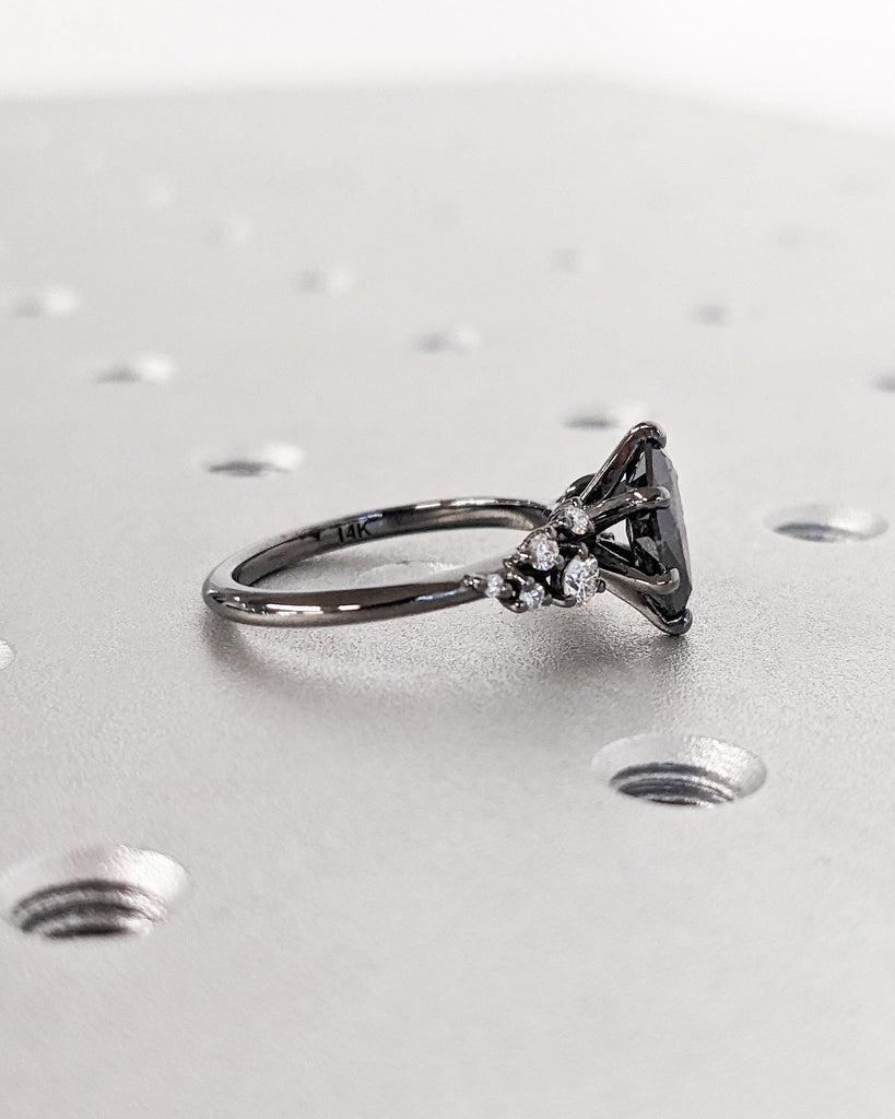 Marquise Salt and Pepper Diamond 14K Black Gold Engagement Ring | Unique Snowdrift 6 Prong Diamond Cluster Promise Ring | Wedding Ring Women