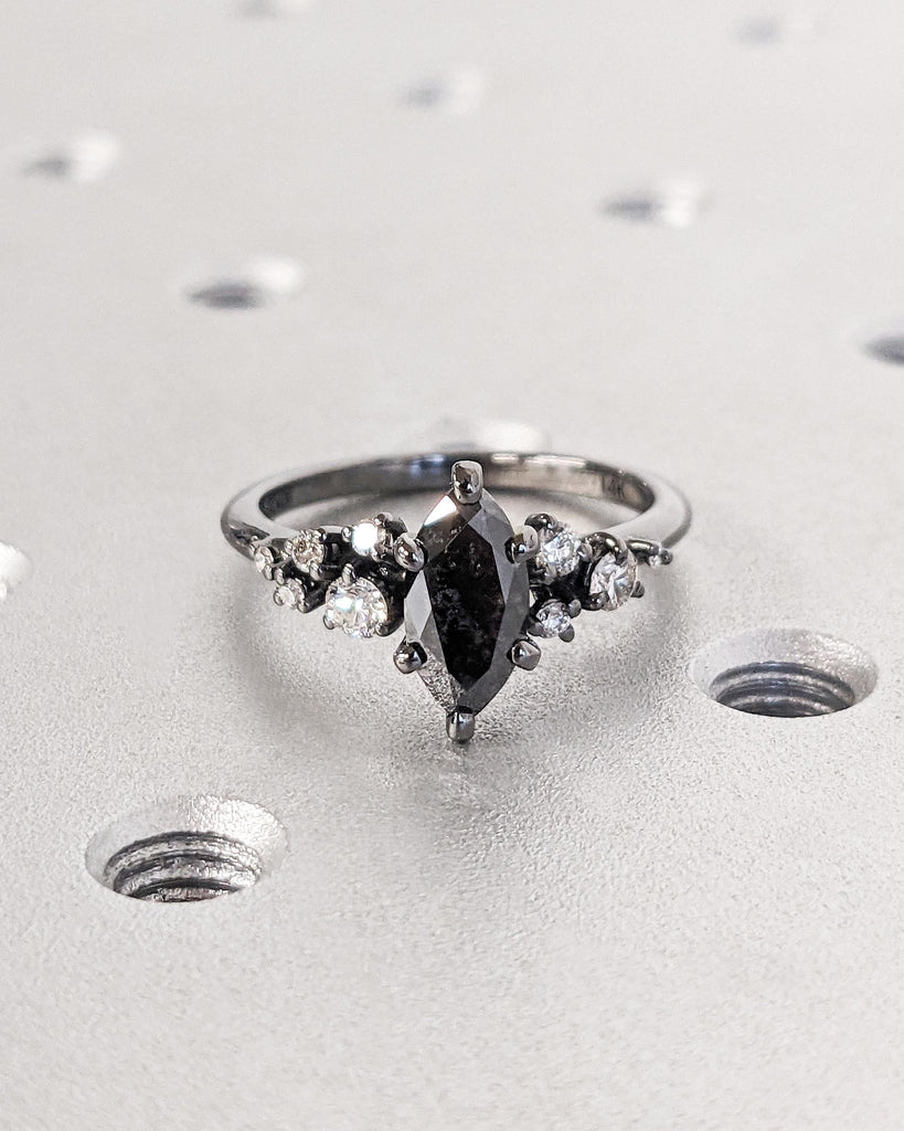 Marquise Salt and Pepper Diamond 14K Black Gold Engagement Ring | Unique Snowdrift 6 Prong Diamond Cluster Promise Ring | Wedding Ring Women