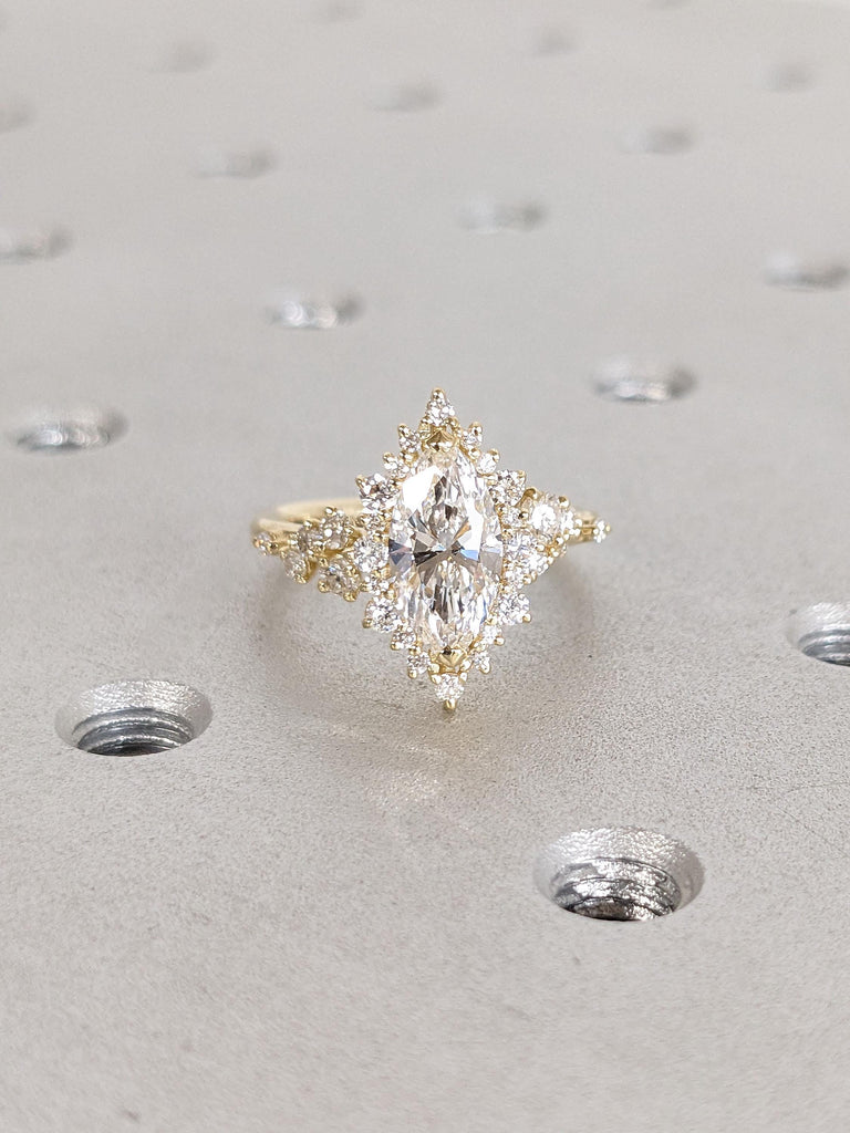 14K Yellow Gold Sunburst Diamond Halo Engagement Ring | Lab Created Diamond Cluster Ring | Marquise and Round cut Simulated Diamond Band