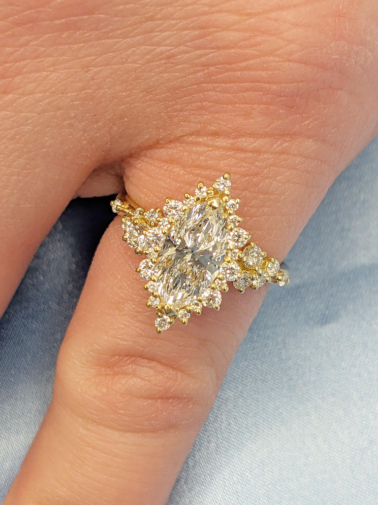 Best Man Made Marquise cut Lab Created Diamond 14K Yellow Gold Snowdrift Diamond Cluster Engagement Ring