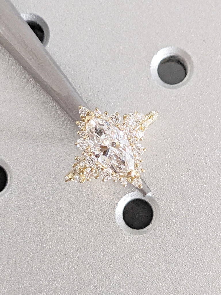 1 Carat Marquise cut Diamond Engagement Ring | 14k Yellow Gold Promise Ring for Her | Lab Diamond Cluster Wedding Ring