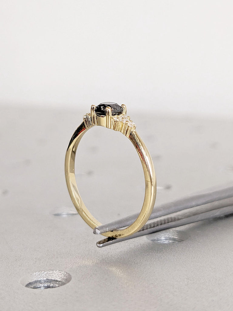 Black Engagement Ring | Square Black Natural Diamond Engagement Ring | 14k Yellow Gold, Cushion cut Grey Salt and Pepper Diamond Jewelry