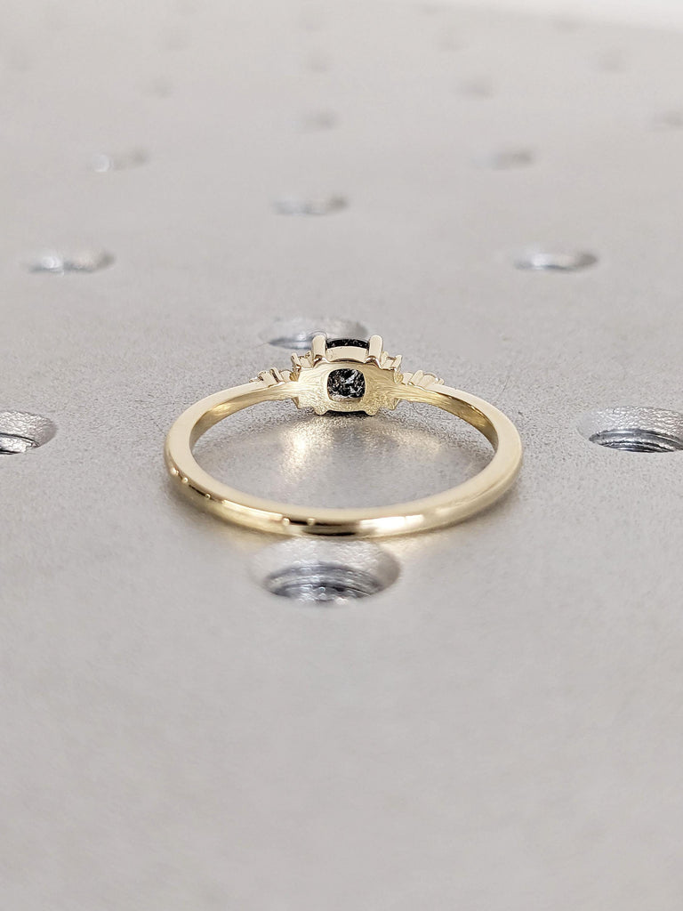 Black Engagement Ring | Square Black Natural Diamond Engagement Ring | 14k Yellow Gold, Cushion cut Grey Salt and Pepper Diamond Jewelry