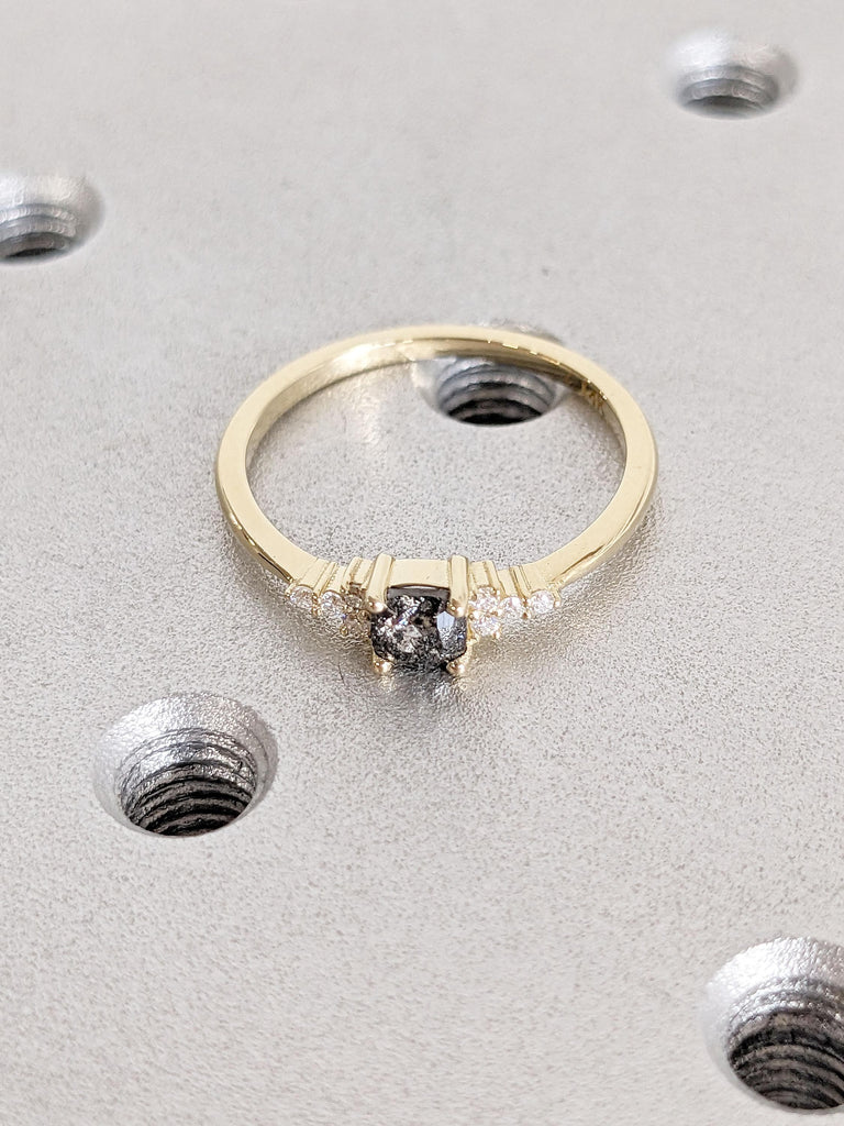 Minimalist Salt and Pepper Engagement Ring, Cushion Cut Galaxy Grey Salt and Pepper Diamond 14K Yellow Delicate Cluster Ring, Tiny Gold Ring