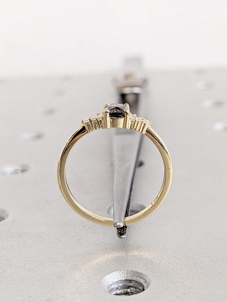 Dainty Salt and Pepper Diamond Engagement Ring, Yellow Gold Wedding Ring, Cushion Cut Grey Salt and Pepper Diamond Tiny Gold Ring Minimalist