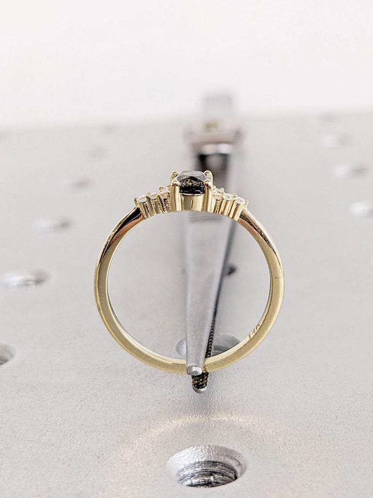 Cushion Cut Salt and Pepper Engagement Diamond Ring, Dainty 14k Yellow Gold Promise Ring for Her, Diamond Cluster Ring, Wedding Gift for Her