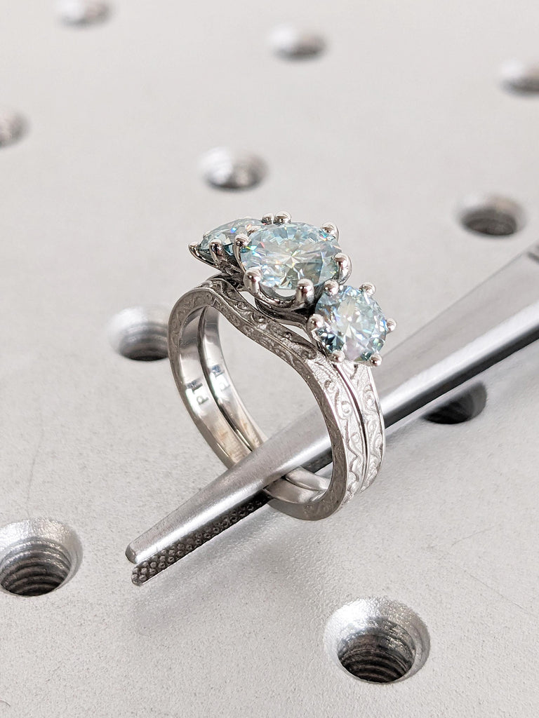 Vintage Green Moissanite Engagement Ring Set, Platinum Filigree Anniversary Ring, Three Stone Wedding Ring, Unique Bridal Set, Art Deco Ring