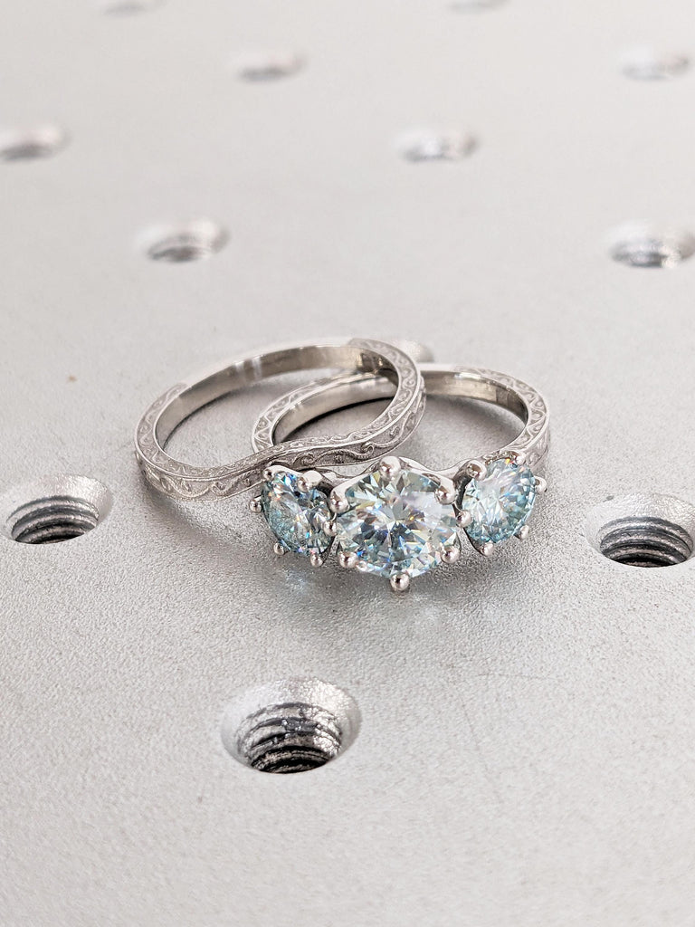 Vintage Green Moissanite Engagement Ring Set, Platinum Filigree Anniversary Ring, Three Stone Wedding Ring, Unique Bridal Set, Art Deco Ring