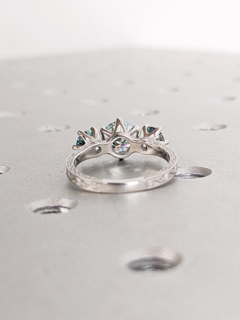 Vintage Green Moissanite Engagement Ring Set, Platinum Filigree Anniversary Ring, Three Stone Wedding Ring, Unique Bridal Set, Art Deco Ring