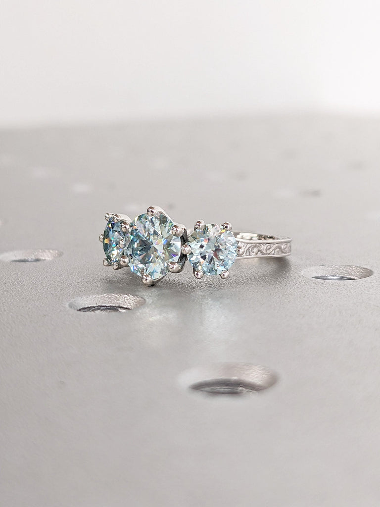 Vintage Green Moissanite Engagement Ring Set, Platinum Filigree Anniversary Ring, Three Stone Wedding Ring, Unique Bridal Set, Art Deco Ring