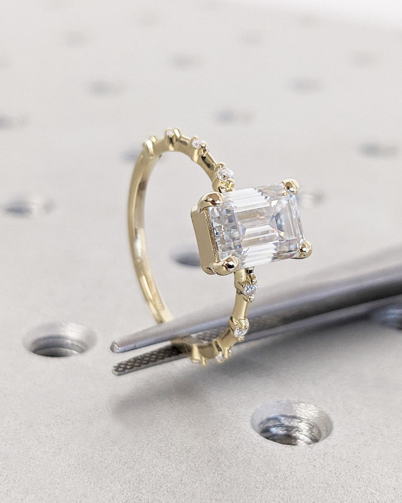 Vintage Emerald Cut Engagement Ring, Dainty Emerald Cut Ring, Lab Grown Diamond Ring, 14K Yellow Gold Wedding Ring, Unique Anniversary Ring