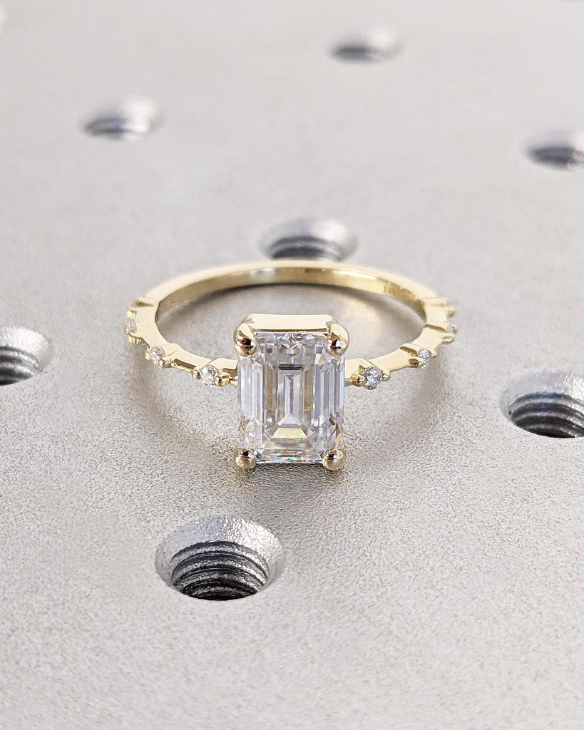 Vintage Emerald Cut Engagement Ring, Dainty Emerald Cut Ring, Lab Grown Diamond Ring, 14K Yellow Gold Wedding Ring, Unique Anniversary Ring