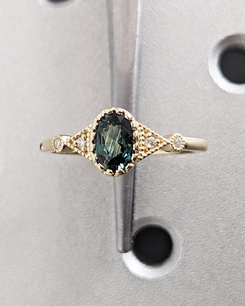 Solid Gold 14K Small Oval Blue Statement Ring, Diamond and Teal Sapphire Bezel Ring, Delicate Promise Ring Women Dainty Ring Custom Handmade