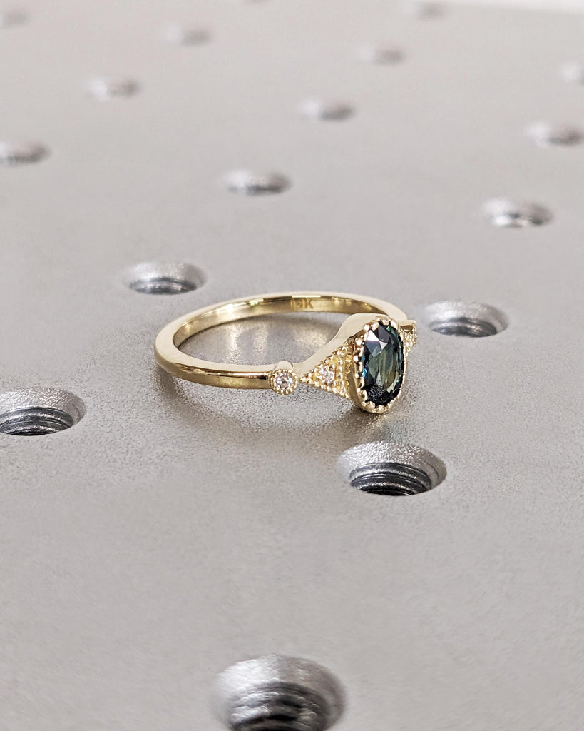 Solid Gold 14K Small Oval Blue Statement Ring, Diamond and Teal Sapphire Bezel Ring, Delicate Promise Ring Women Dainty Ring Custom Handmade