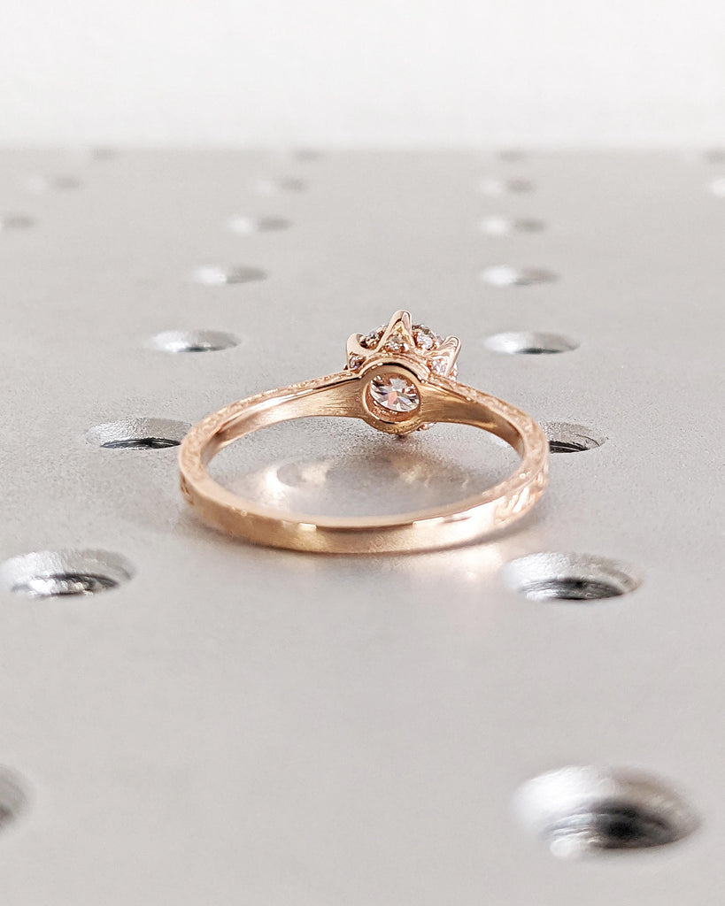 Vintage Engagement Ring Moissanite Engagement Ring Art Deco Hidden Halo Ring Prong Set Anniversary Unique Ring Carved Filigree Minimalist