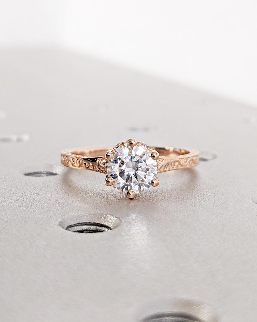 Vintage Engagement Ring Lab Grown Diamond Engagement Ring Art Deco Hidden Halo Ring Prong Set Anniversary Unique Ring Hand Carved Filigree