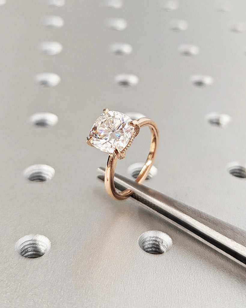 Lab Grown Diamond Ring | 18k Rose Gold Solitaire Ring | Cushion Cut Anniversary Ring | Hidden Halo Engagement Ring | Birthday Gift for Her