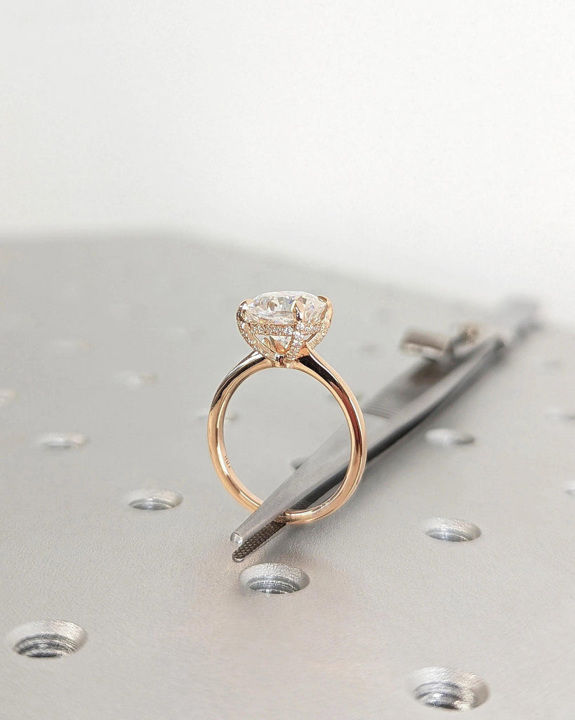 Cushion Cut Lab Grown Diamond Solitaire Ring, 18k Rose Gold Wedding Rings for Women, Hidden Halo Engagement Ring, Unique Bridal Gift for Her