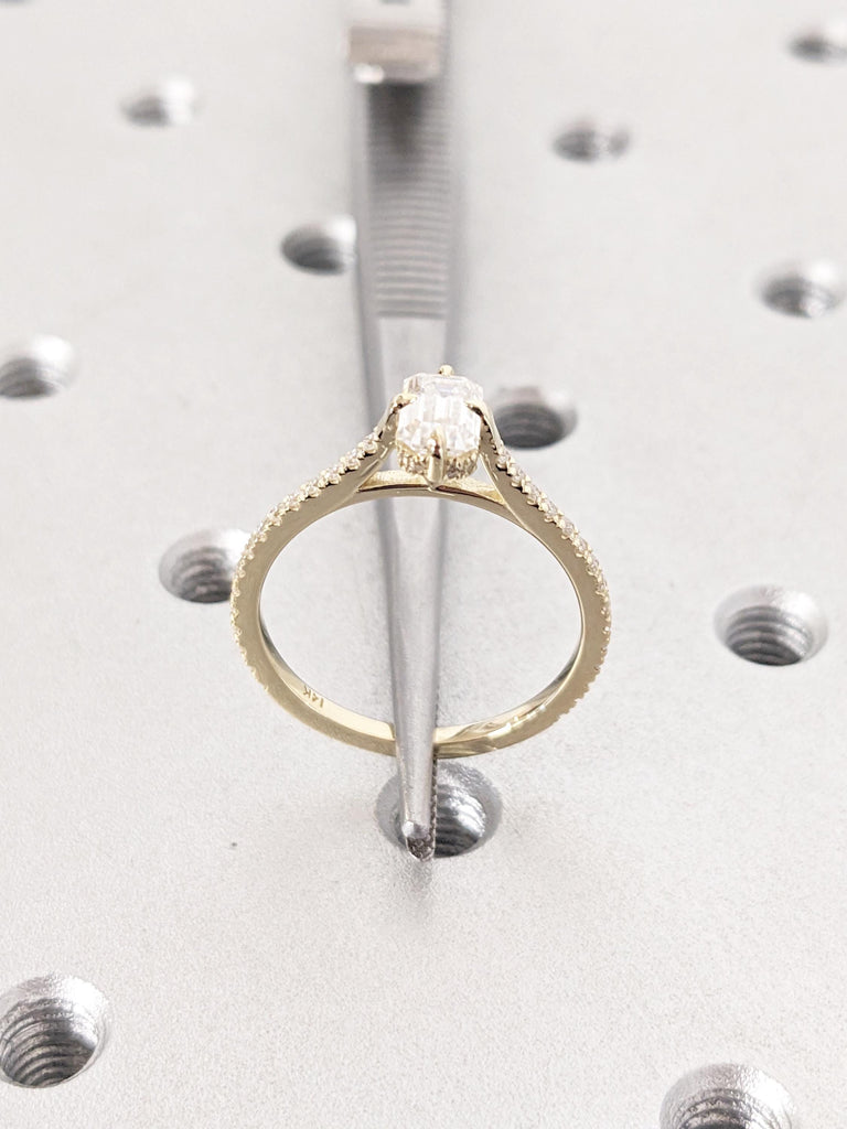 Dainty Moissanite Anniversary Ring, 14k Yellow Gold Eternity Ring, Diamond and Moissanite Engagement Ring, Hidden Halo Promise Ring for Her